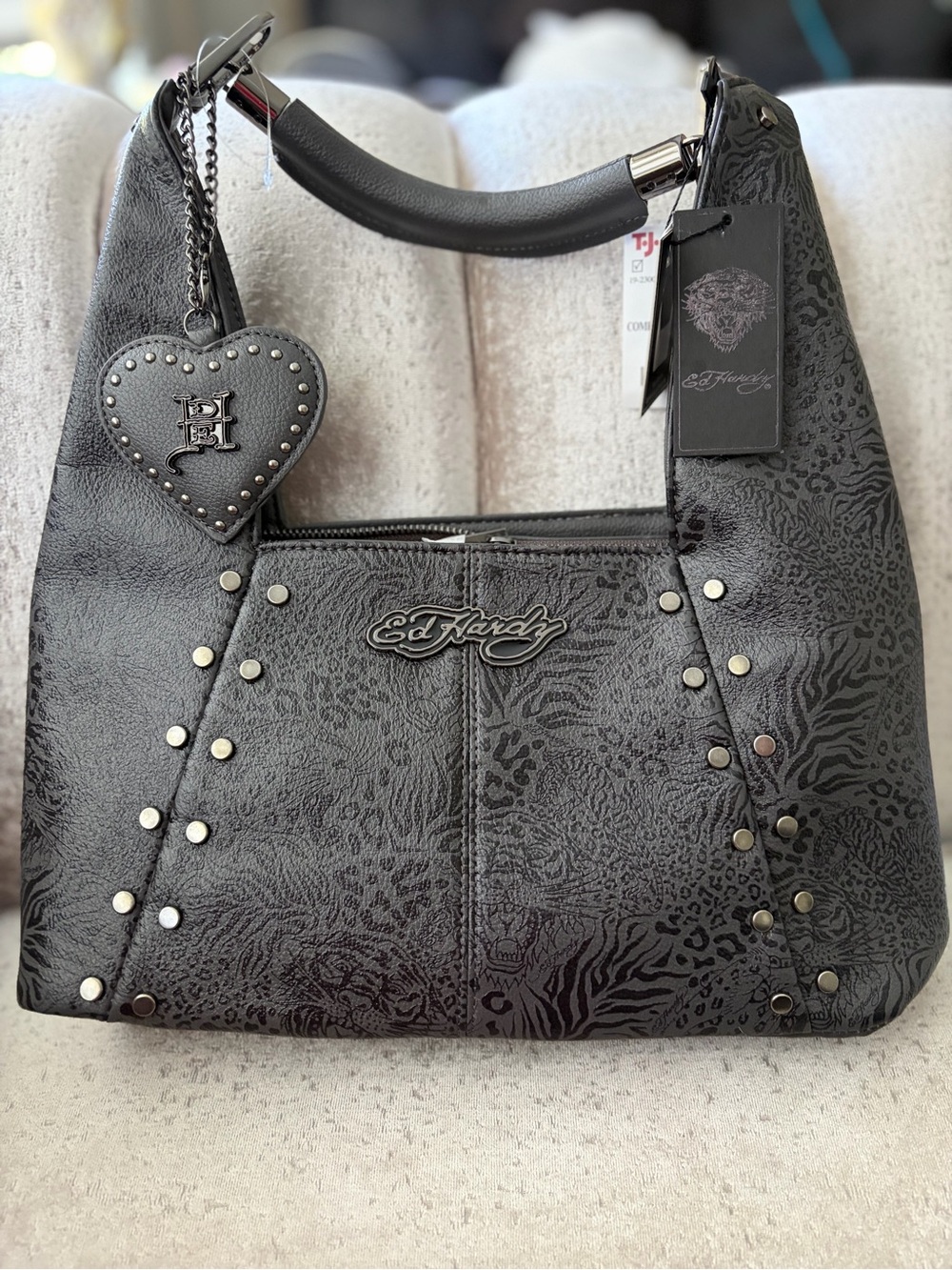 NWT Viral Black Embossed Ed Hardy Studded Hobo Bag Heart Charm Y2K